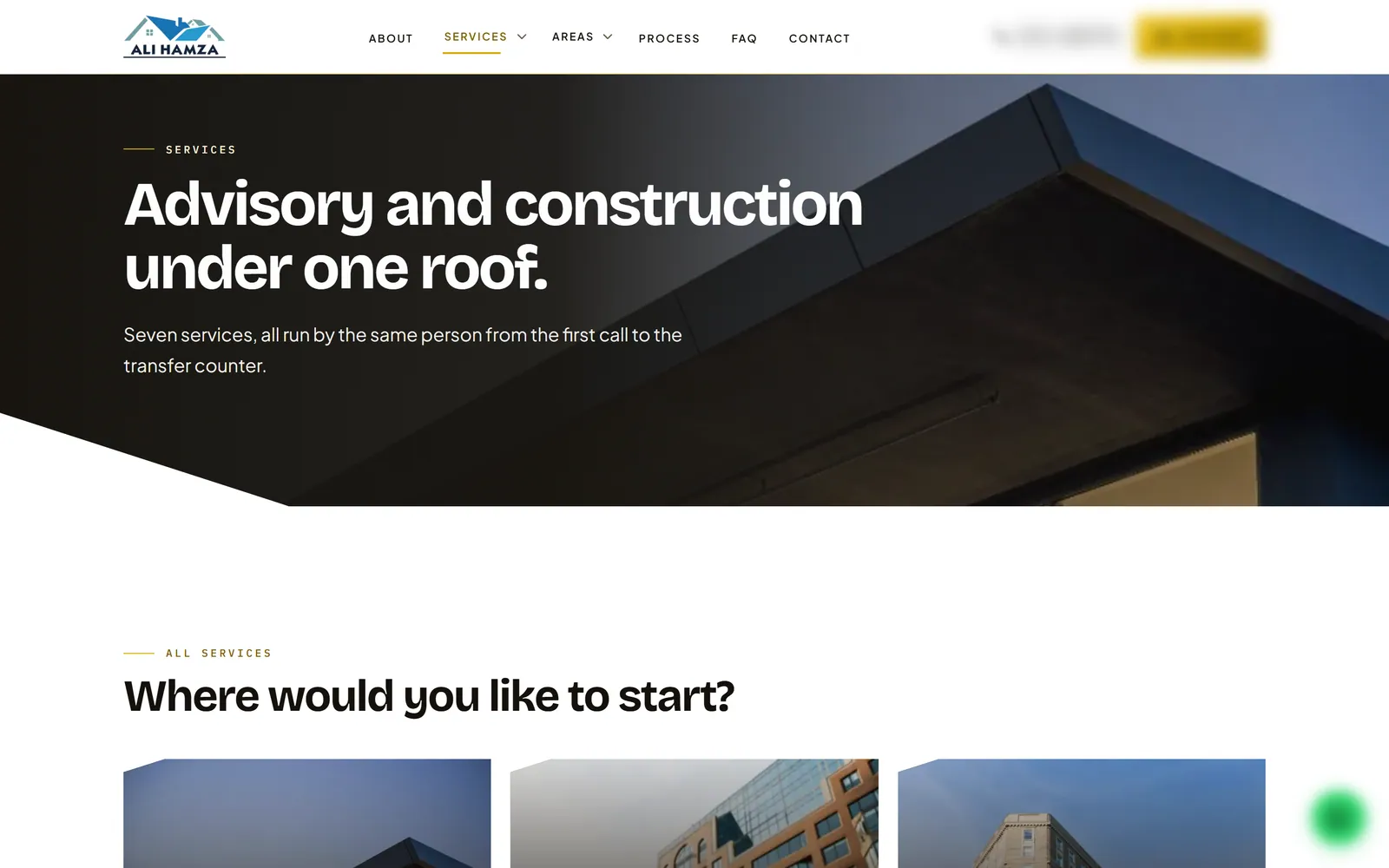 Services page headed 'Advisory and construction under one roof', above service cards