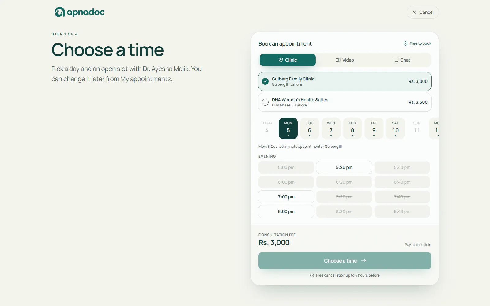 Choose a time: clinic, video or chat, the clinic, the day and the open slots, with the fee