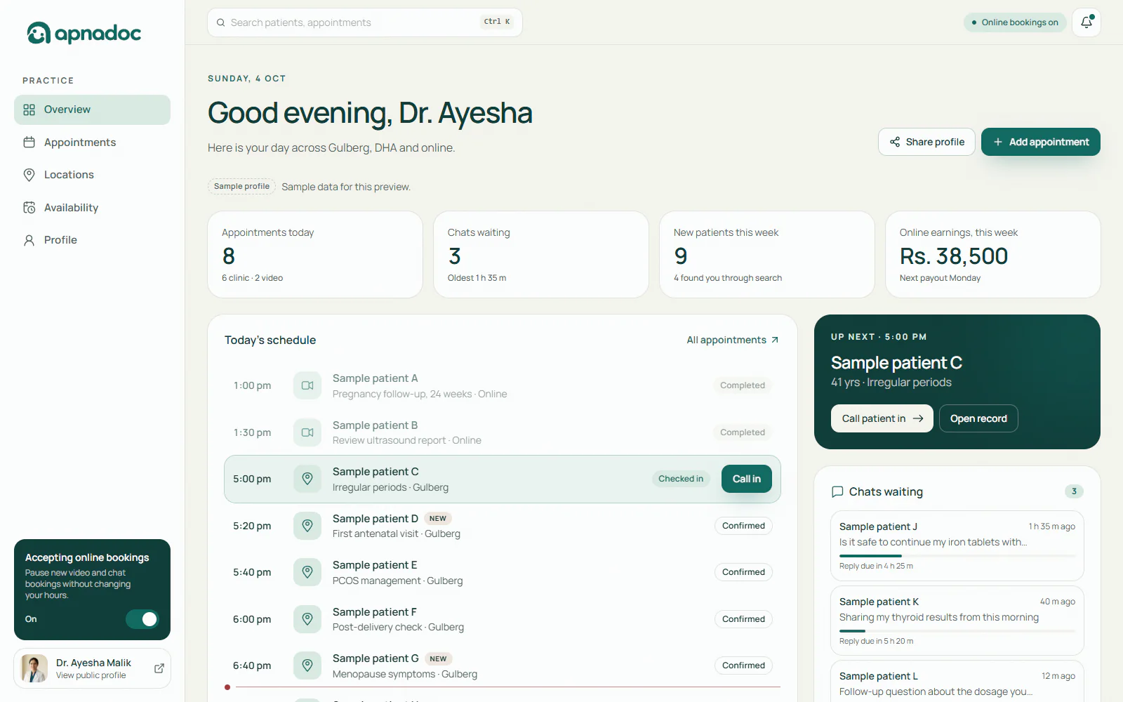 Doctor dashboard: appointments today, chats waiting, new patients and online earnings, with the day's schedule of sample patients