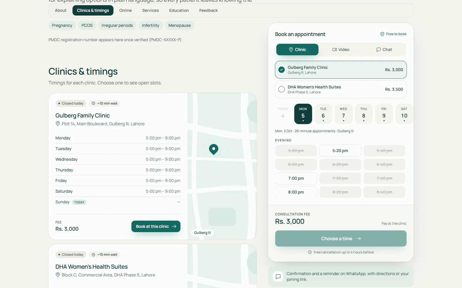 A sample doctor's clinics and timings, with a map, weekly hours for each clinic and a booking panel