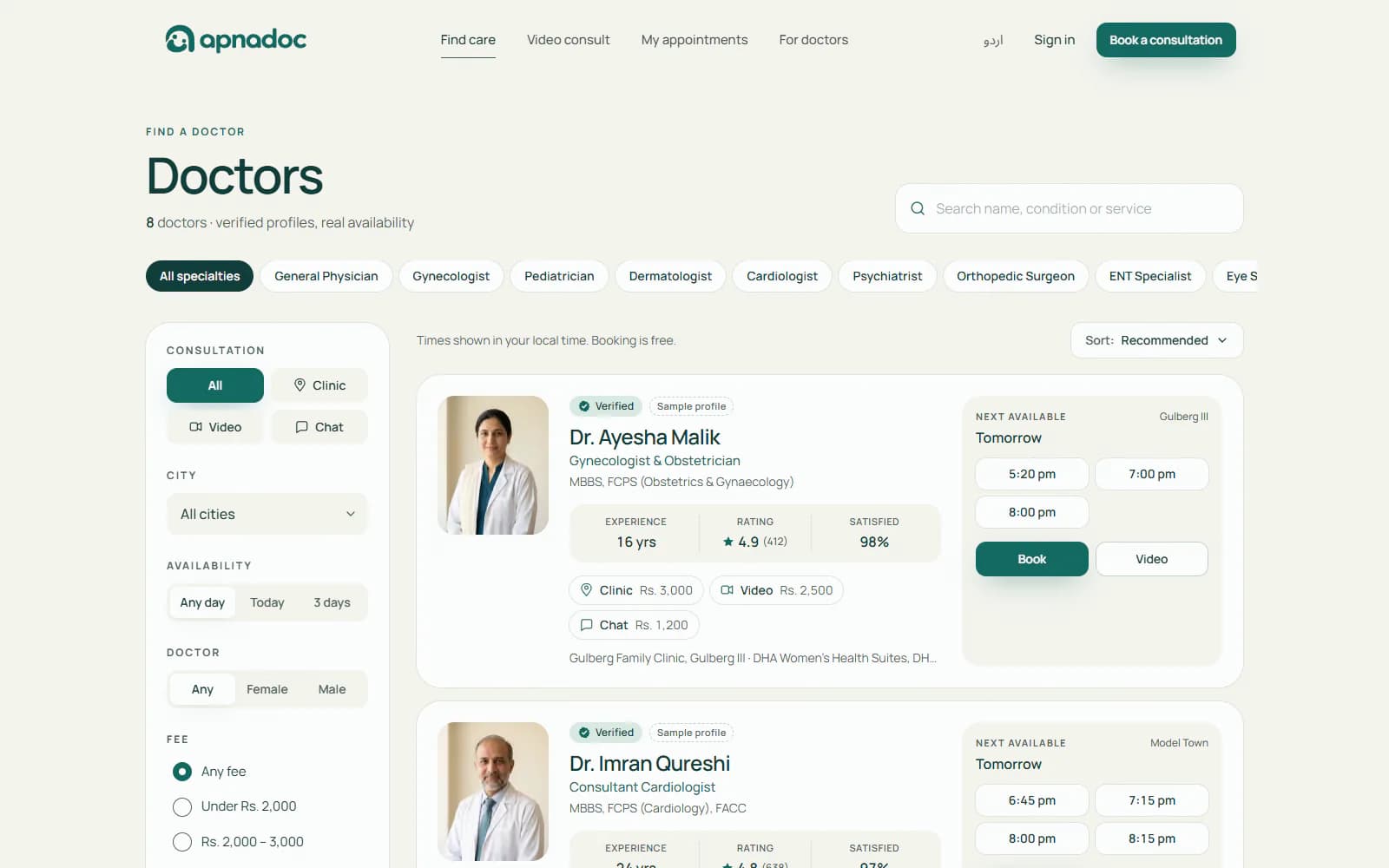 Doctor search results with filters for consultation type, city, availability, gender and fee, and each doctor's next open slots