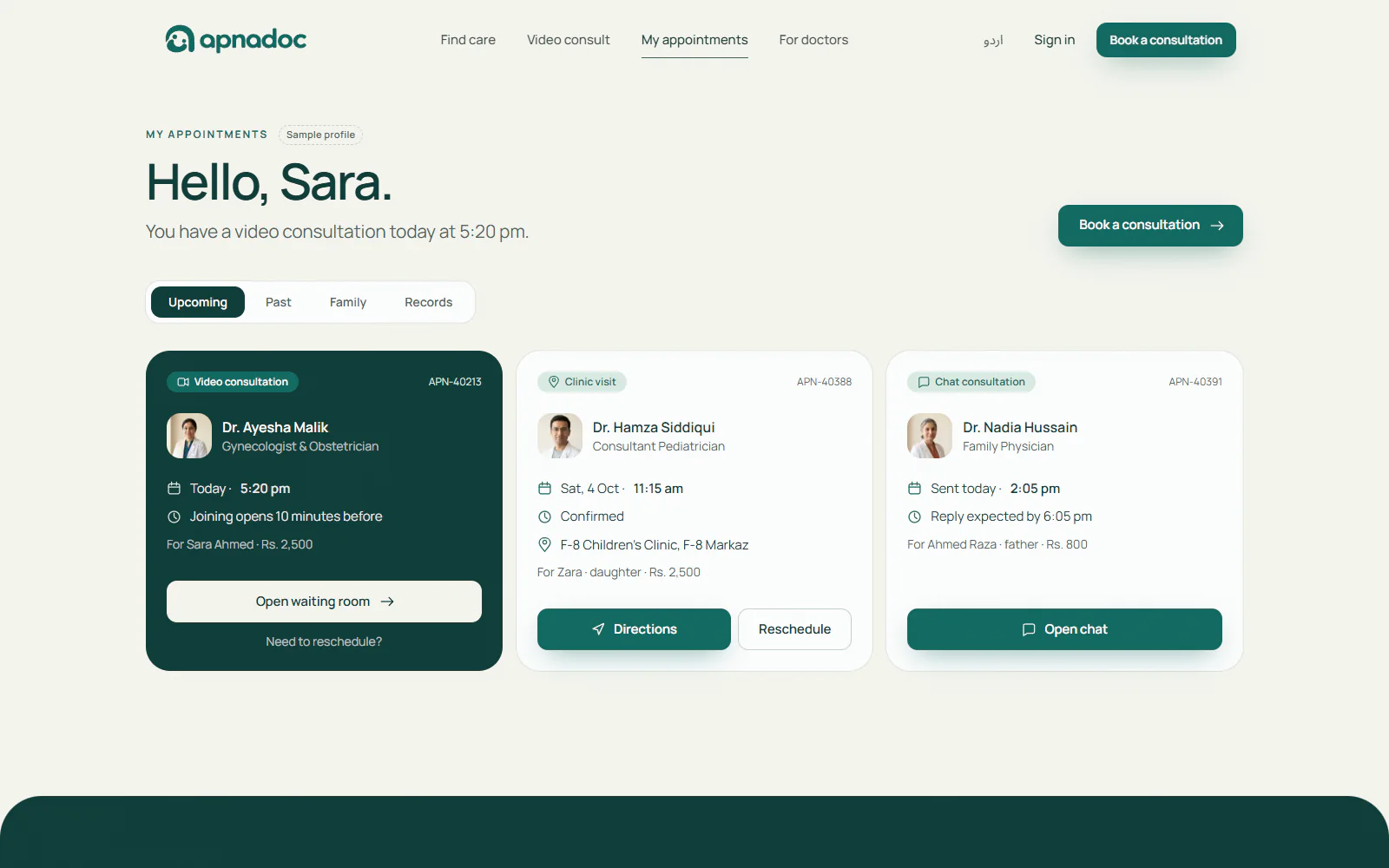Patient area with an upcoming video consultation, a clinic visit and a chat consultation, and buttons to join, get directions or reschedule