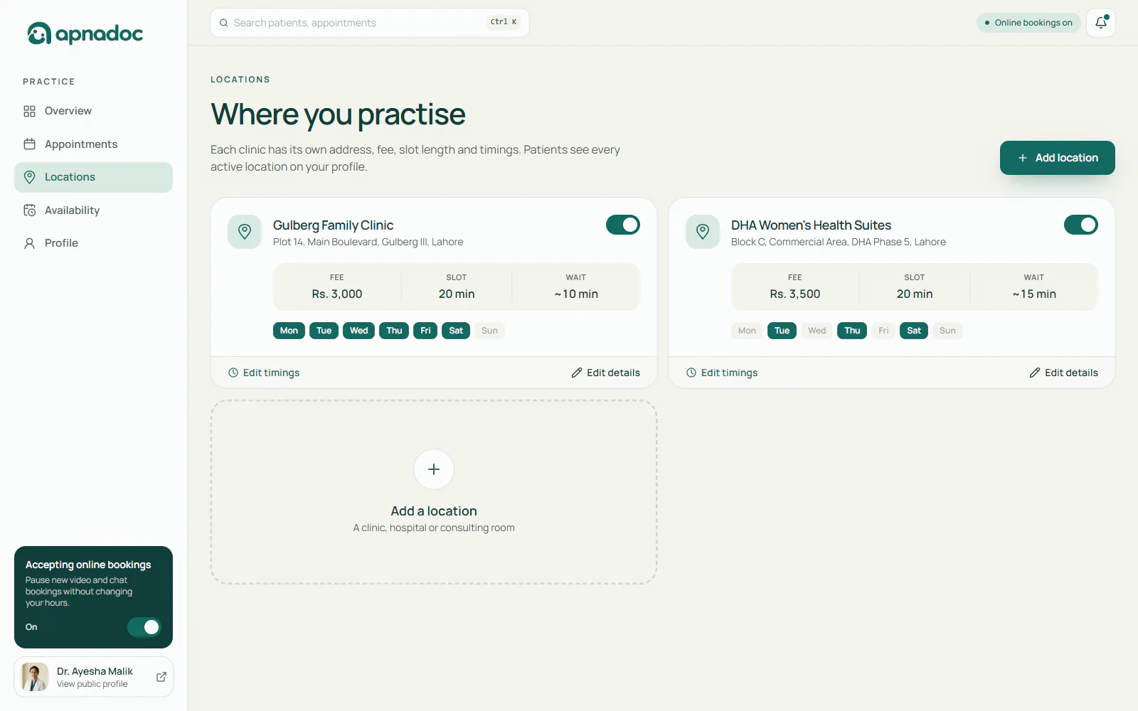Where you practise: two clinic cards with fee, appointment length, wait time and working days, and a button to add a location