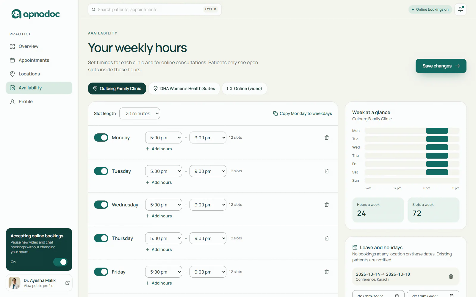 Weekly hours editor with time ranges for each day at a clinic, appointment length and leave dates