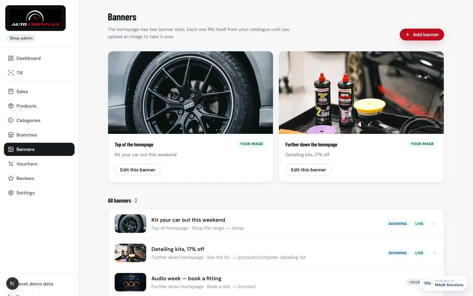 Banners screen: the two homepage slots with their images, and a list of three banners showing where each one links