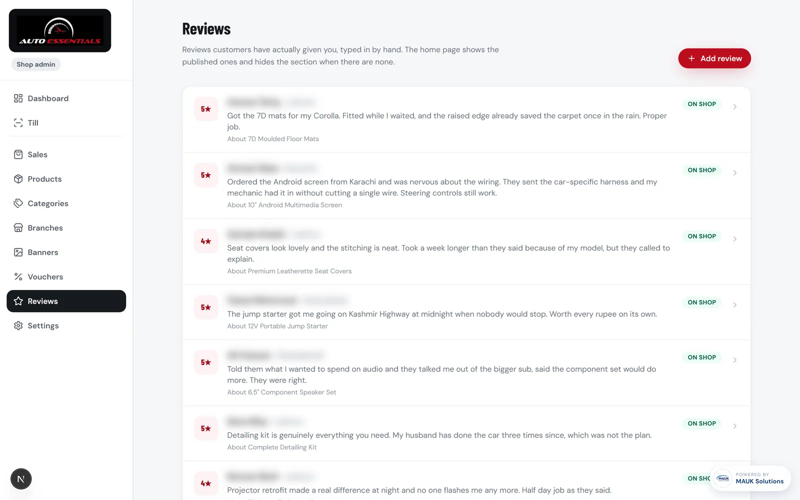 Reviews screen listing customer reviews, the product each is about and whether it shows on the shop, with reviewer names blurred