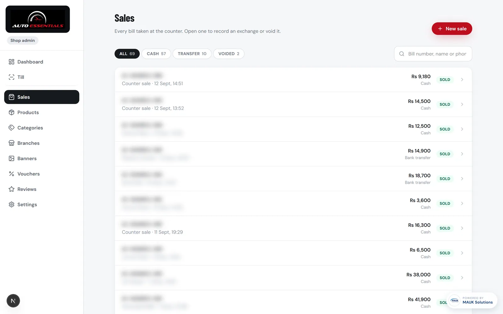 Sales screen listing counter bills with payment method, amount and status, filterable by cash, transfer or voided, with customer details blurred