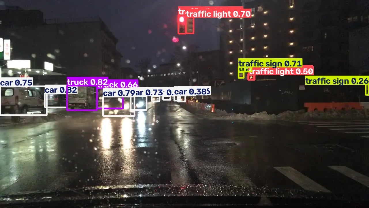 Detections on a wet night-time street: cars, a truck, traffic lights and signs, each with a confidence score