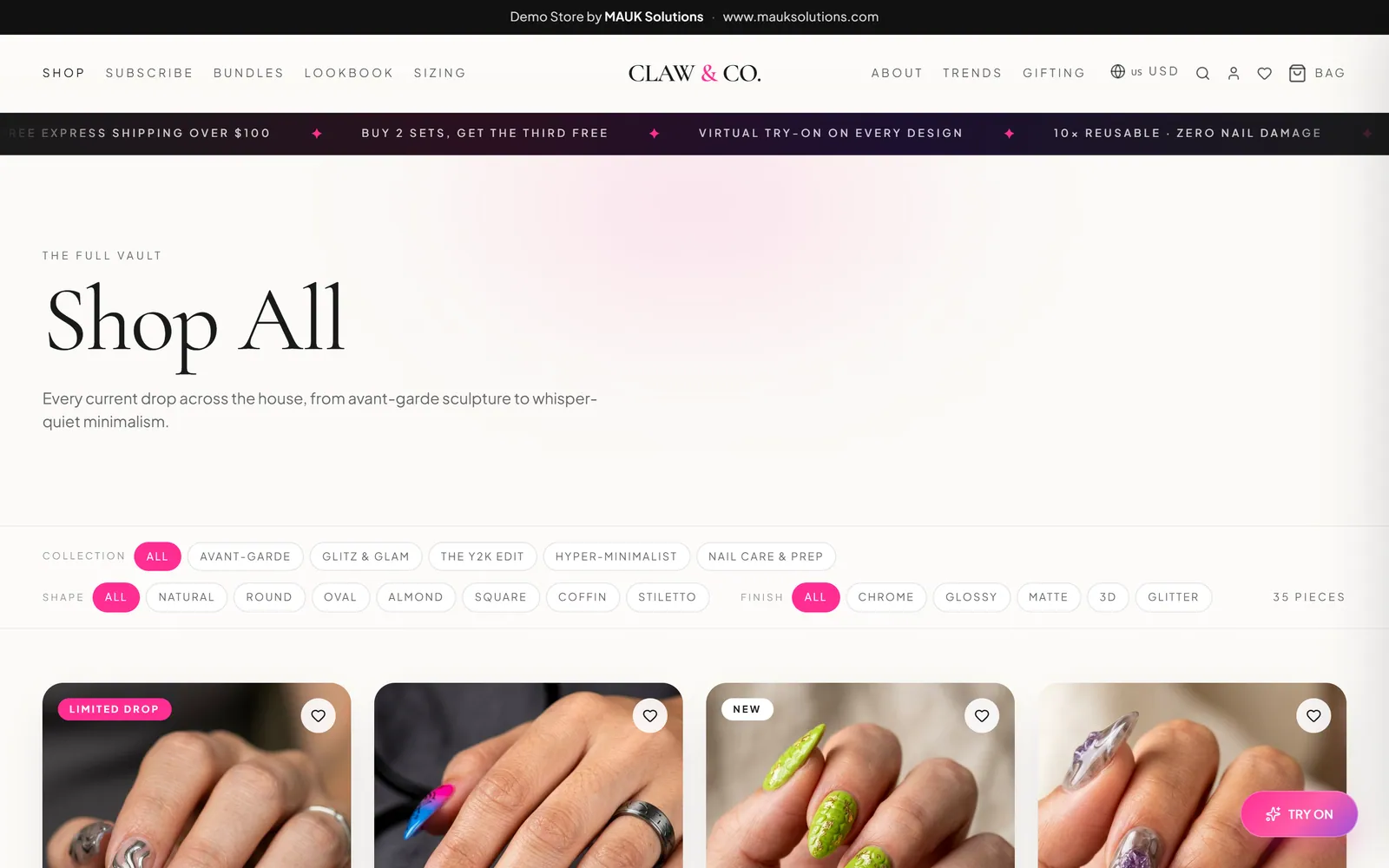 Shop All page with collection, shape and finish filters above product photos