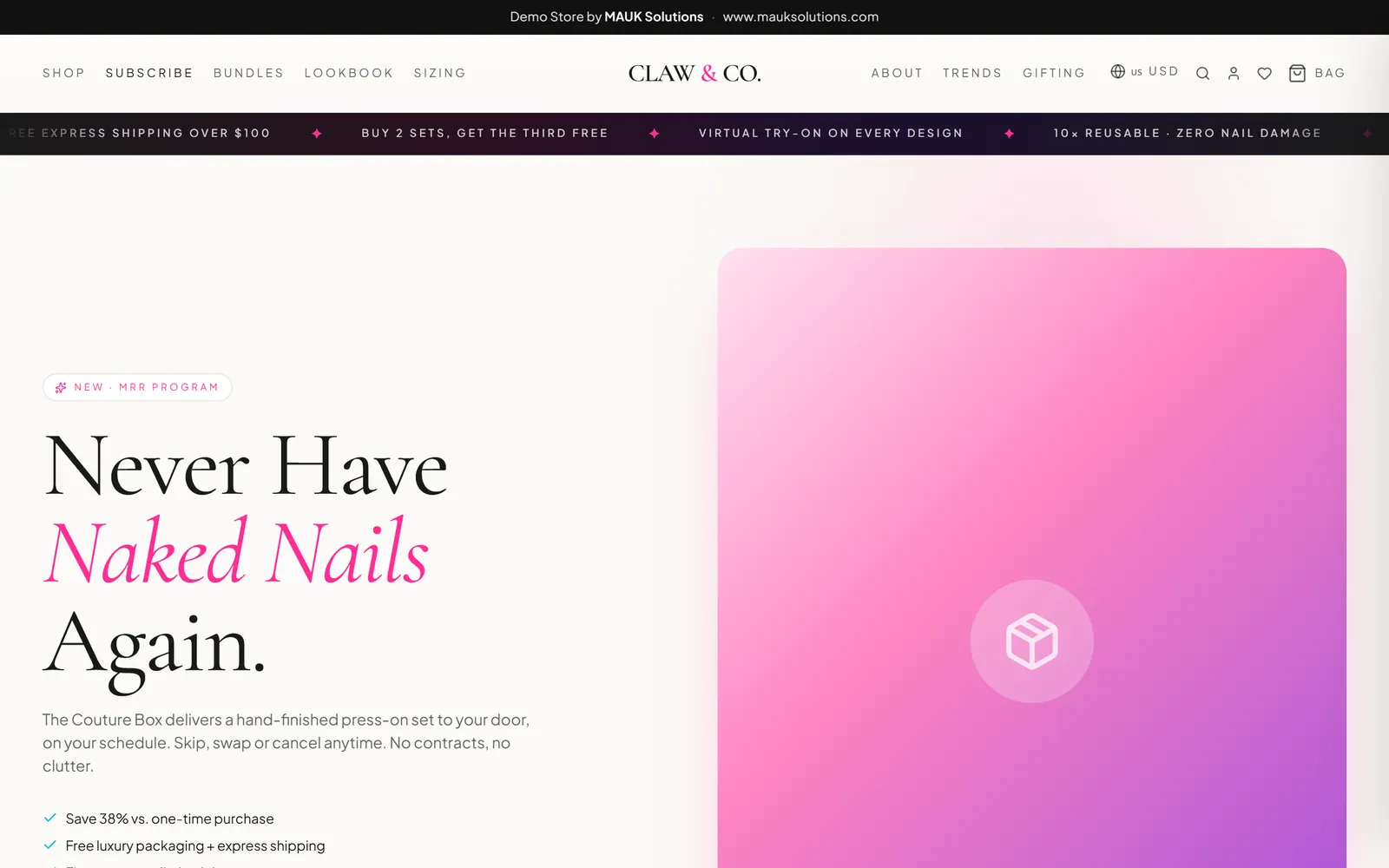 Subscription page headed 'Never have naked nails again', for a monthly press-on box