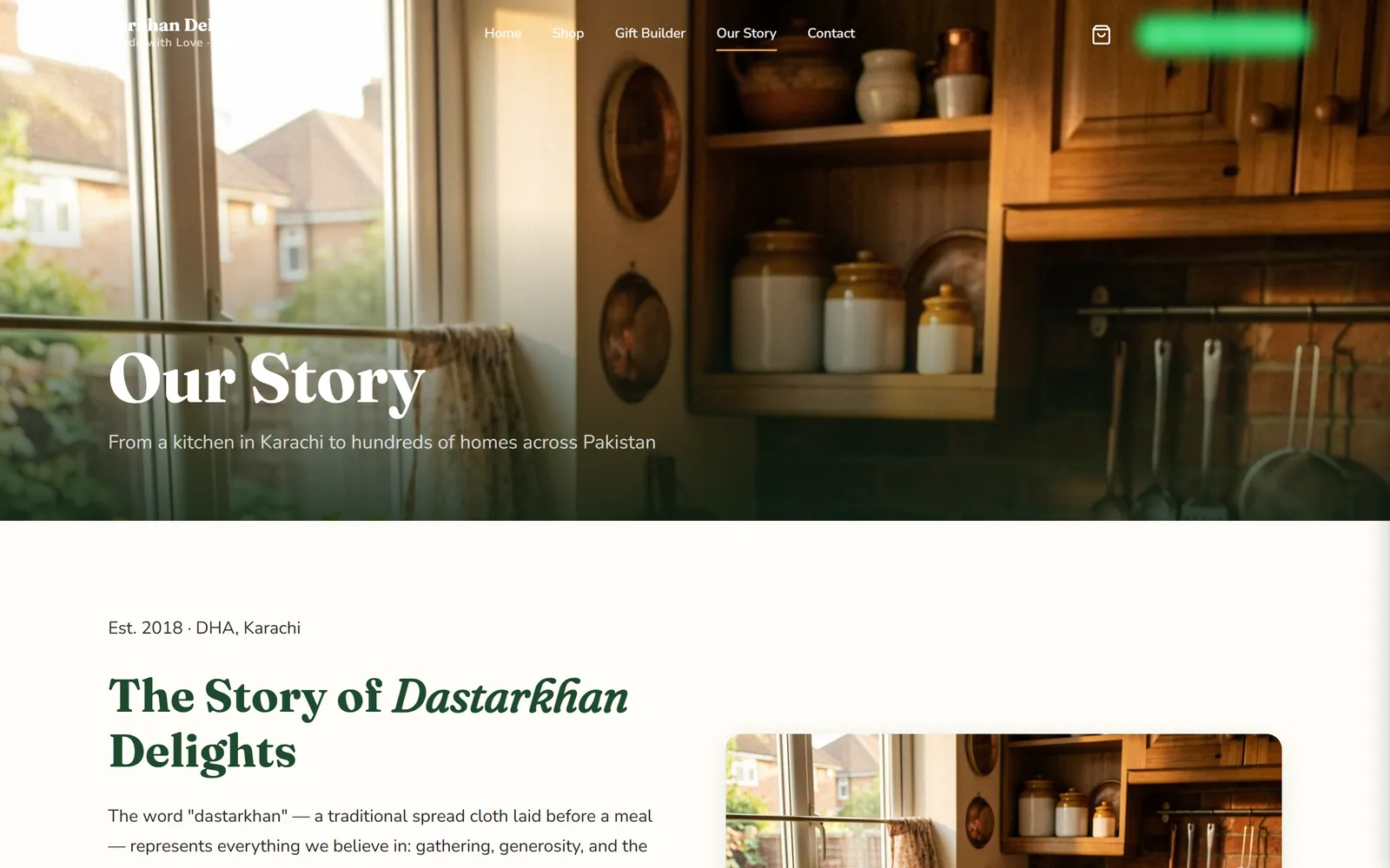 Our Story page: 'From a kitchen in Karachi to hundreds of homes across Pakistan'