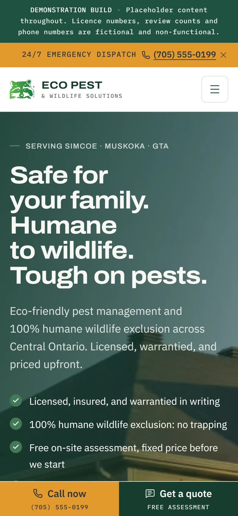 Eco Pest homepage on a phone with call and quote actions