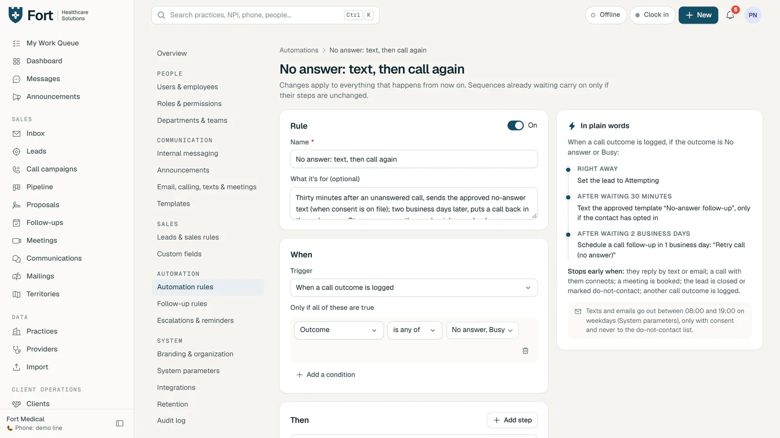 Automation rule editor for No answer: text, then call again, with its trigger, conditions and a plain-words summary of each step