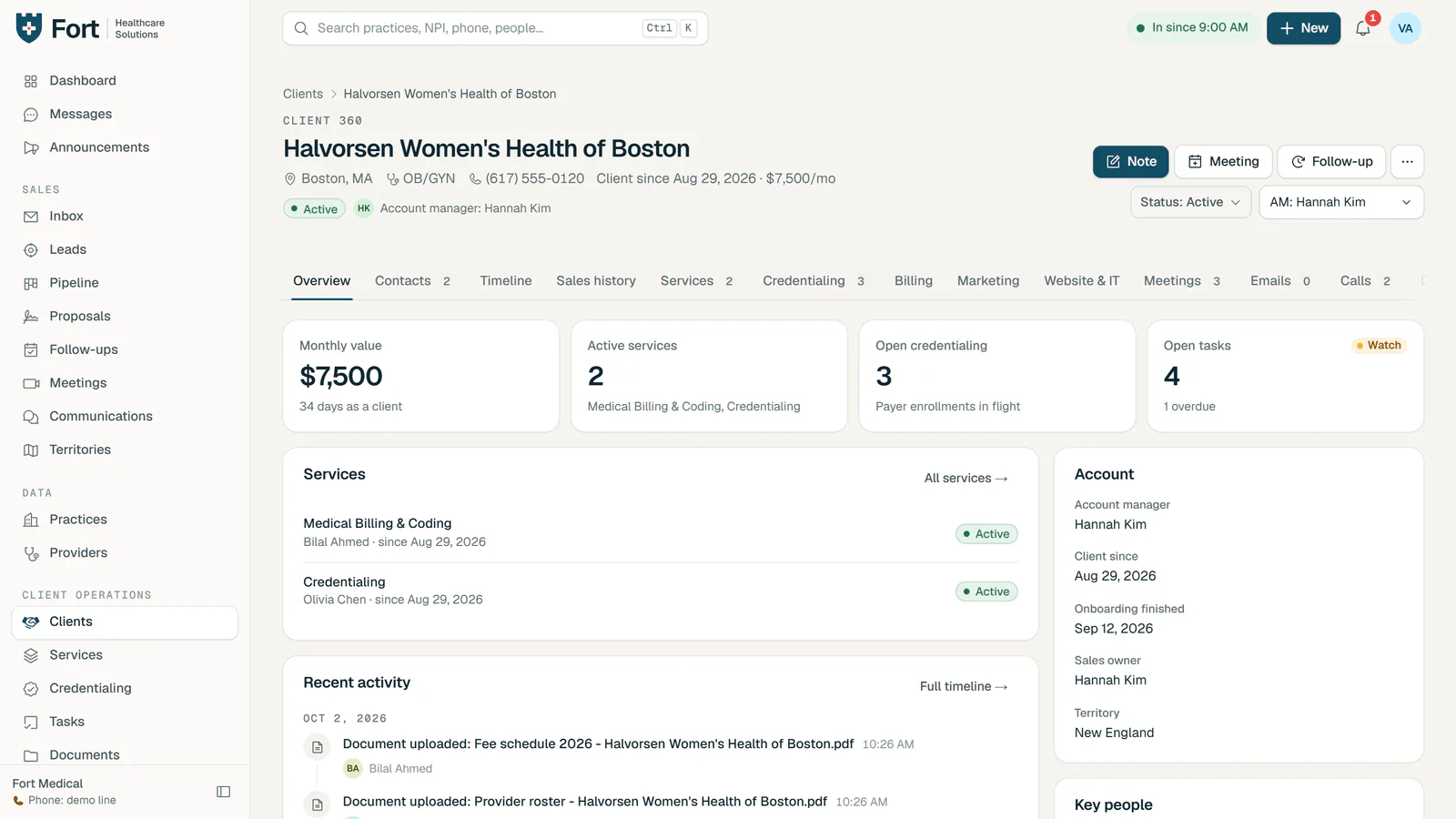 Client record for a fictional women's health practice: monthly value, active services, open credentialing, tasks and recent activity
