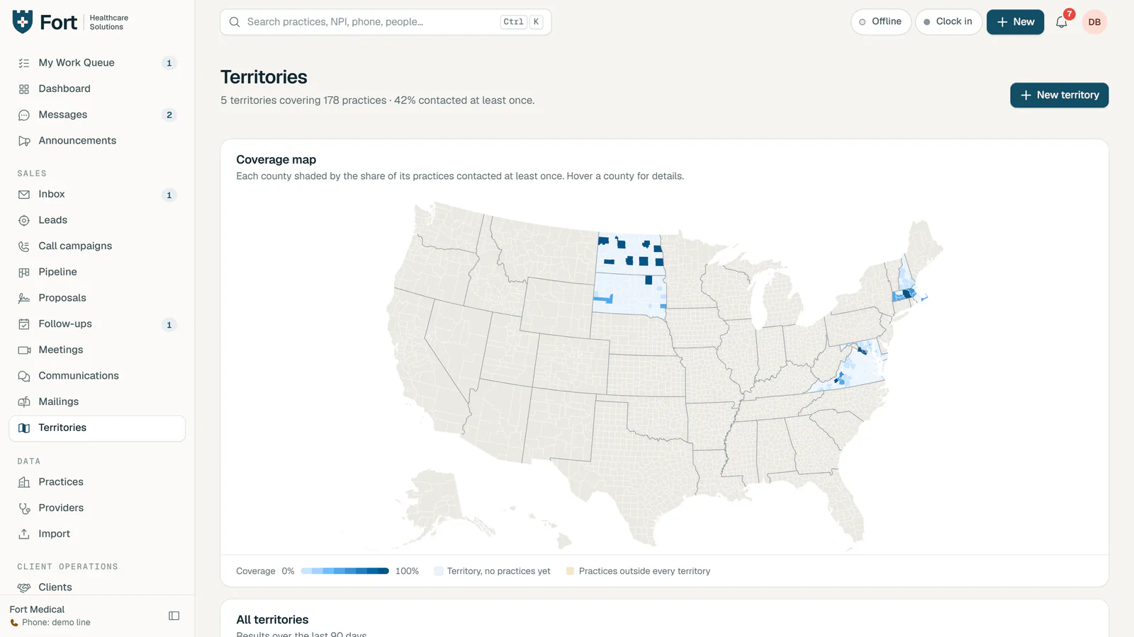 Territories page with a U.S. county map shaded by the share of practices contacted in each territory