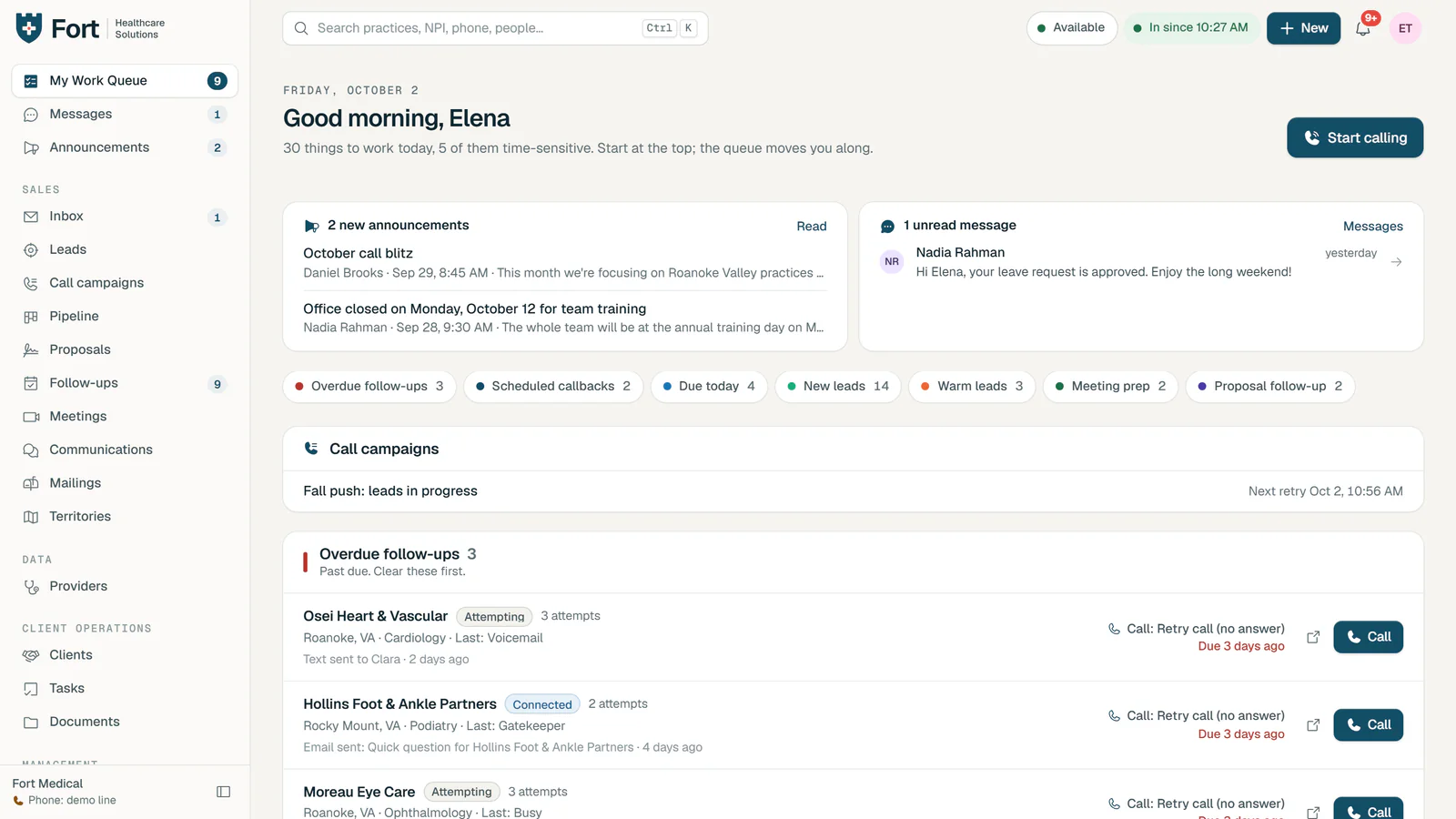 A sales rep's home page with announcements, an unread message, today's call campaign and overdue follow-ups with call buttons