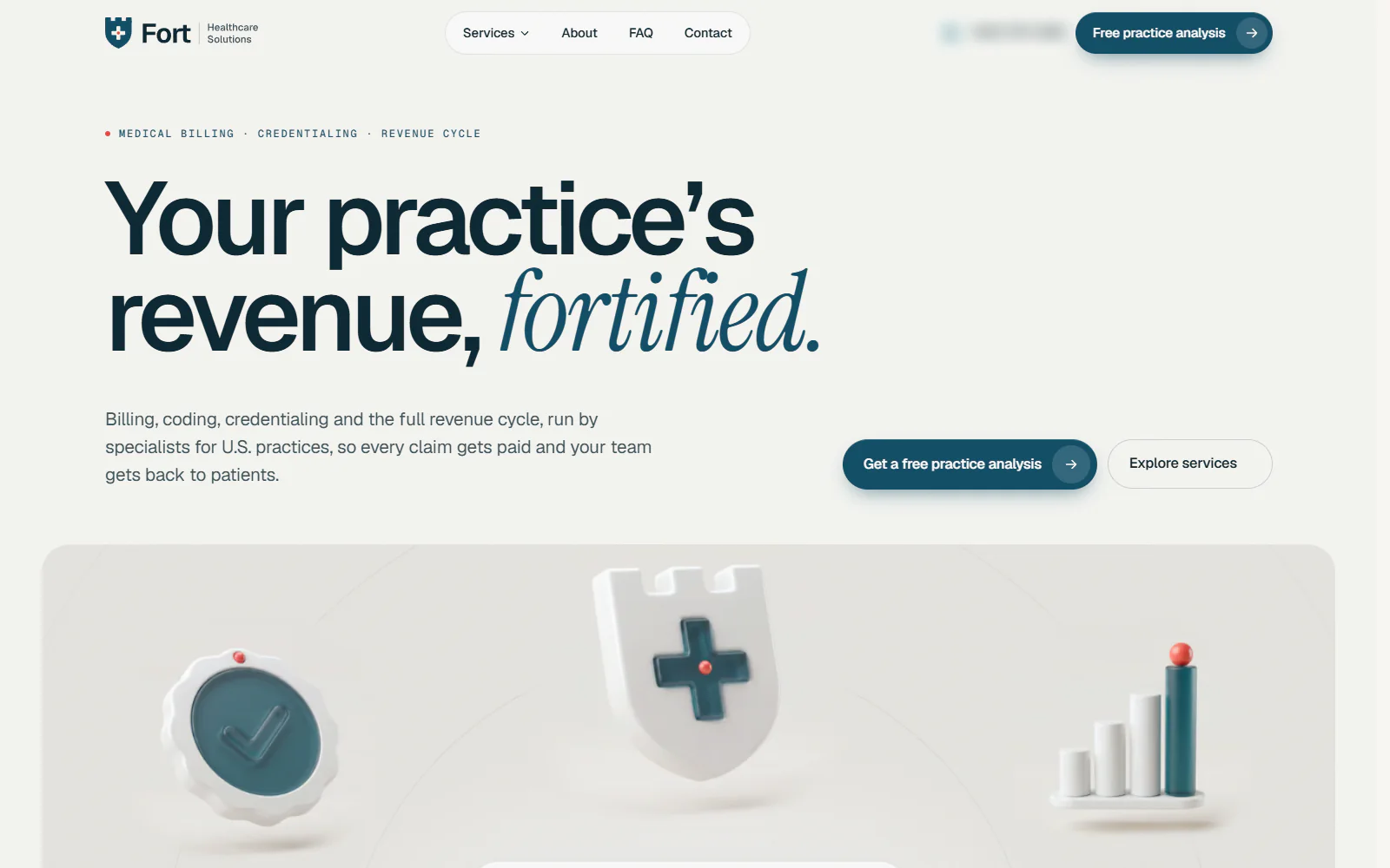 Fort Healthcare Solutions homepage: Your practice's revenue, fortified, with buttons for a free practice analysis and the services