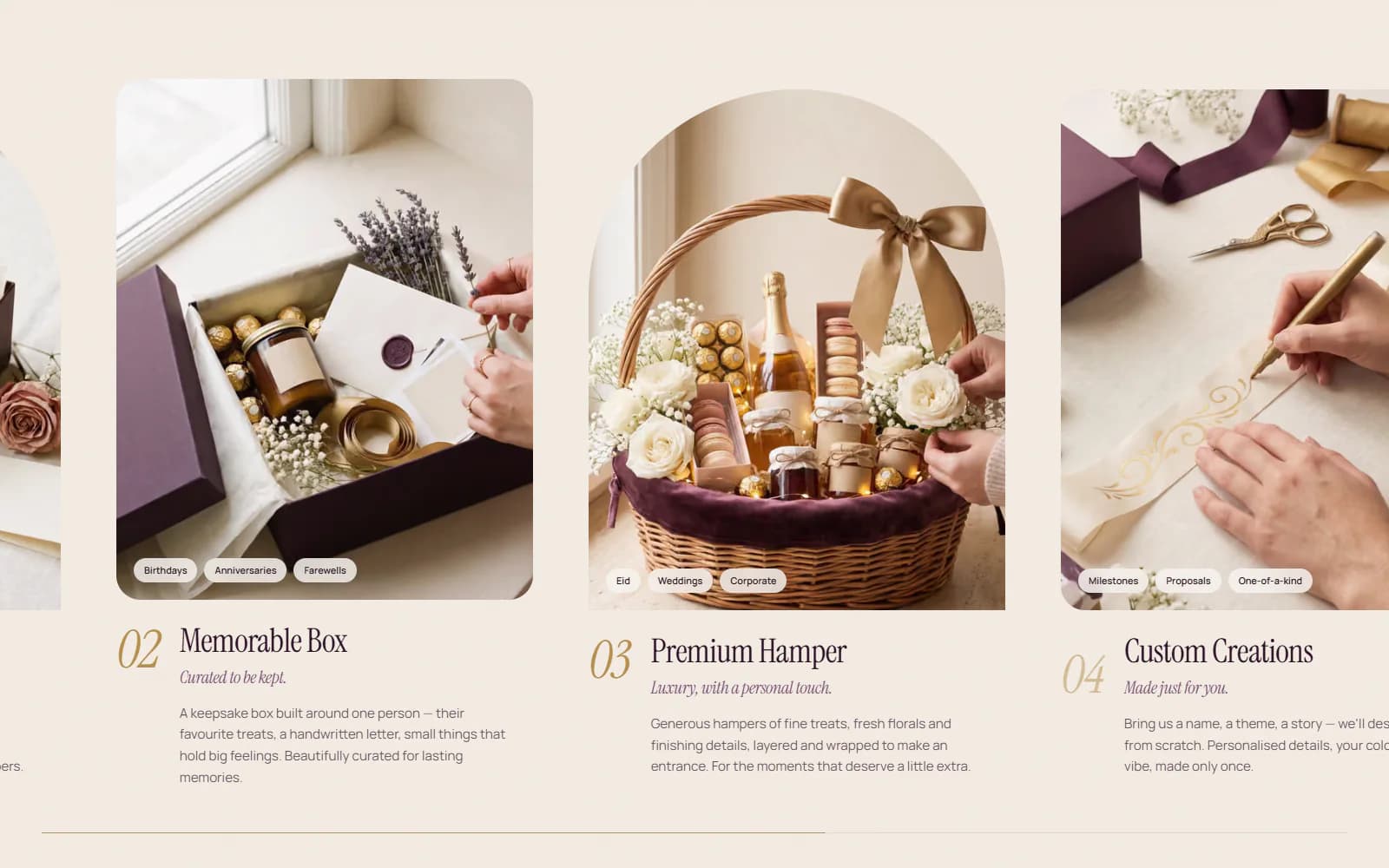 Collections: Memorable Box, Premium Hamper and Custom Creations, each with occasions and a short description