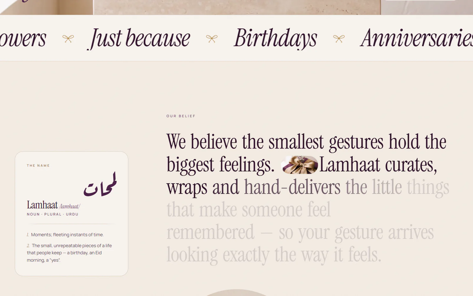 Manifesto section: We believe the smallest gestures hold the biggest feelings, beside a card explaining the brand name