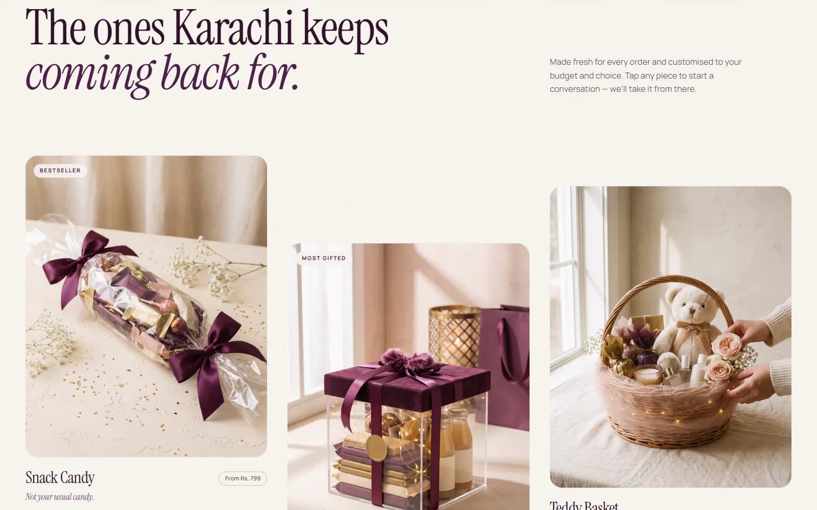 Signature gifts section: a snack candy wrap, gift boxes and a teddy basket with bestseller tags