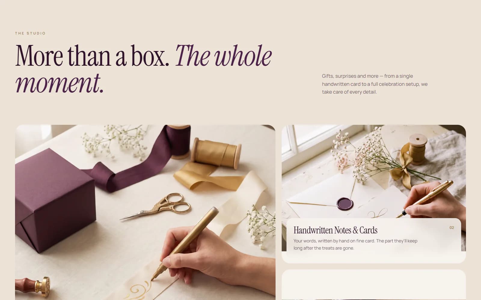 Studio services section: More than a box, the whole moment, with handwritten notes and cards and hand wrapping