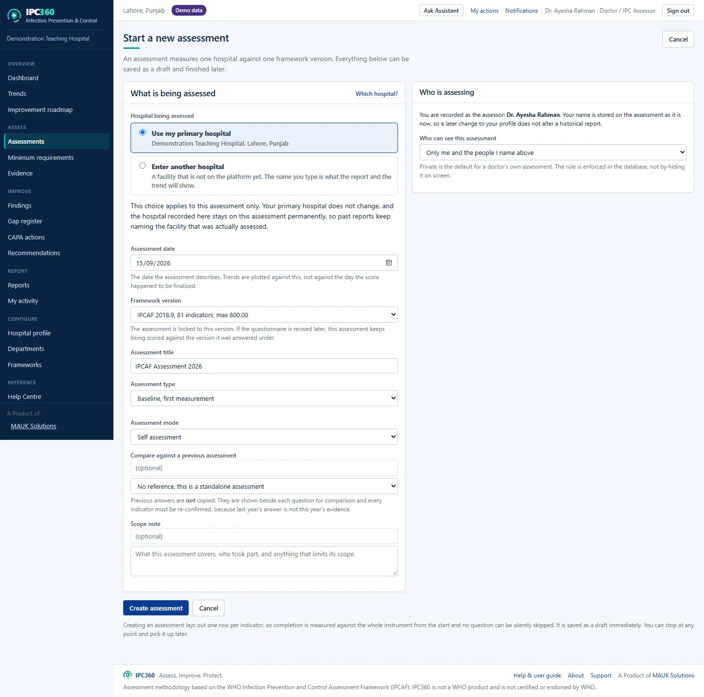 Start a new assessment form: hospital, date, framework version, title, type, mode and an optional comparison