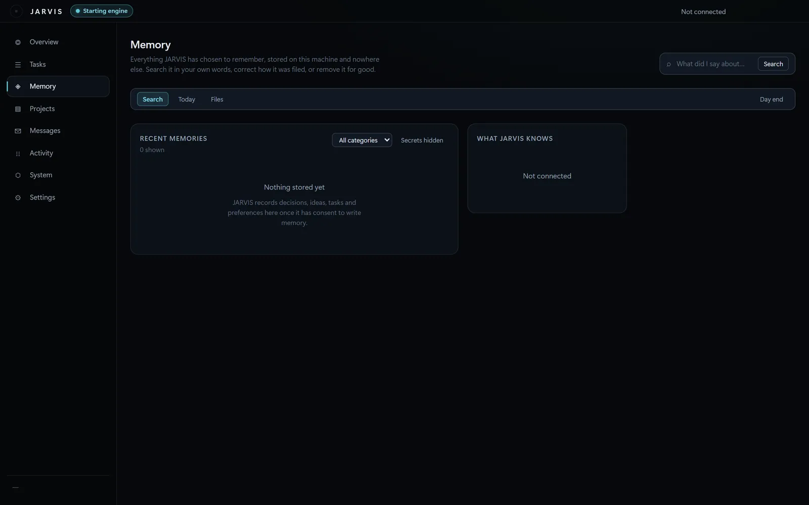 Memory screen with search, recent memories and what JARVIS knows, empty with the assistant stopped