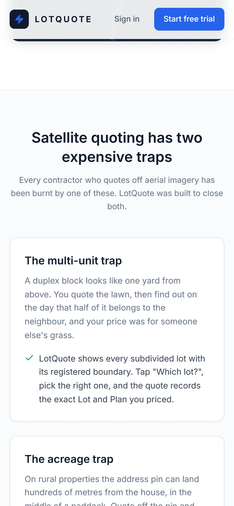 Phone view explaining the multi-unit and acreage traps in satellite quoting