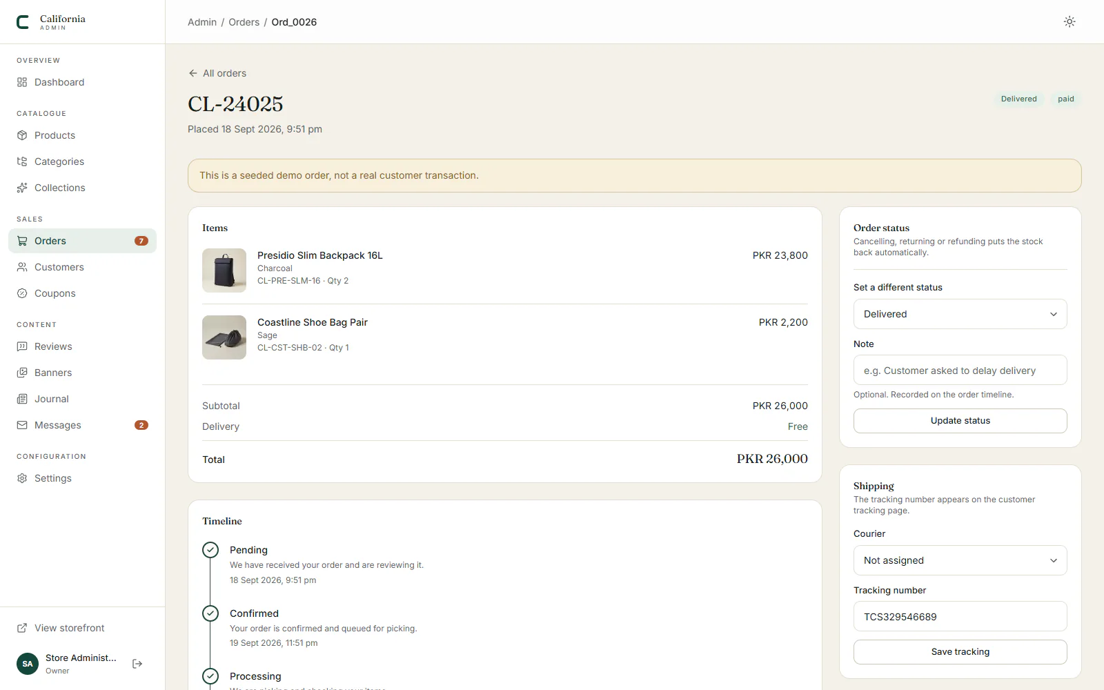 A sample order's items, status timeline, courier and tracking number fields, marked as a seeded demo order
