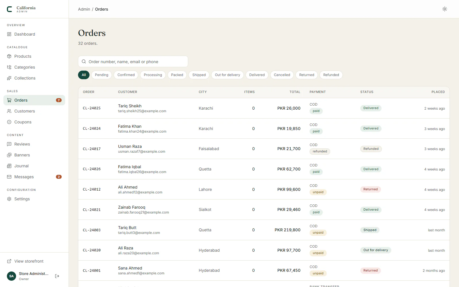 Admin order list with customer, city, items, total, payment and status for each sample order