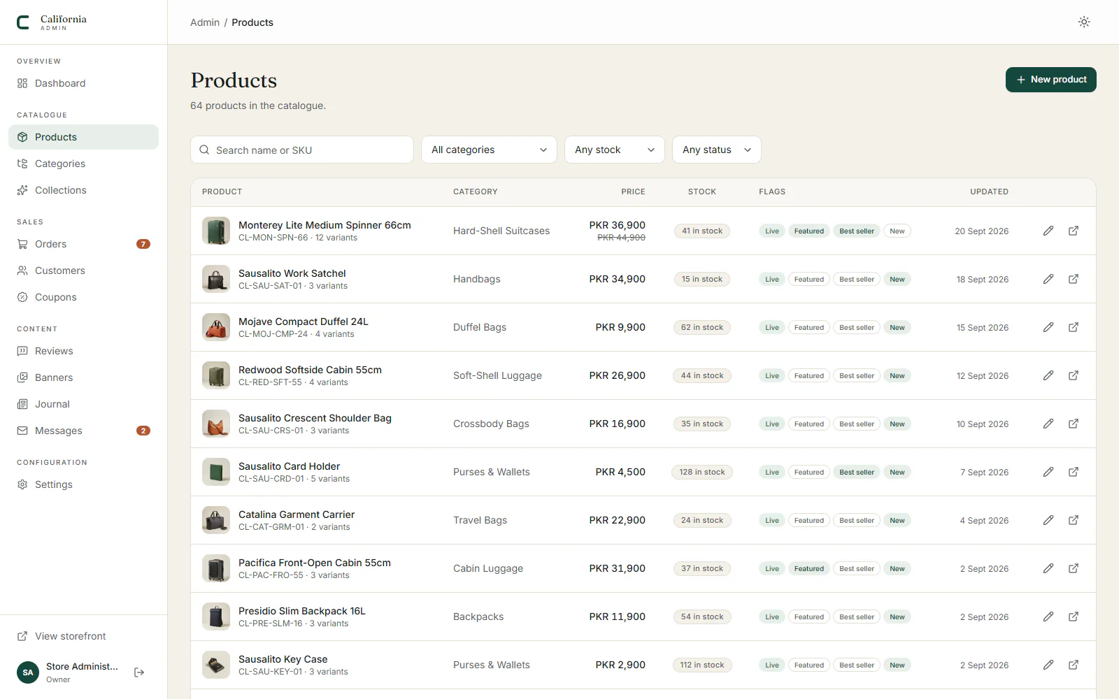 Admin product list with category, price, stock and listing flags for each product