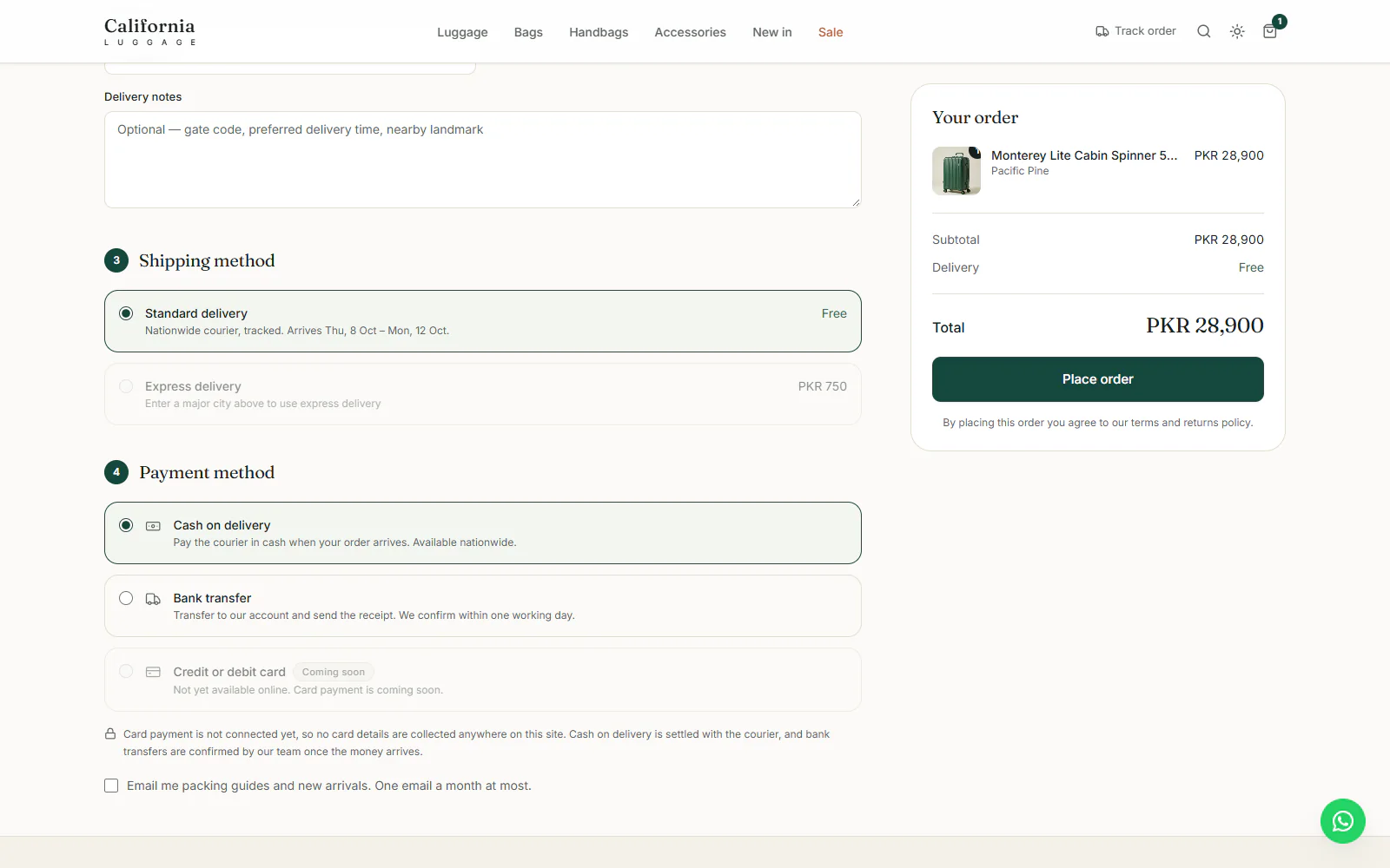 Checkout showing standard delivery, cash on delivery selected, bank transfer, and card payment marked as not available yet