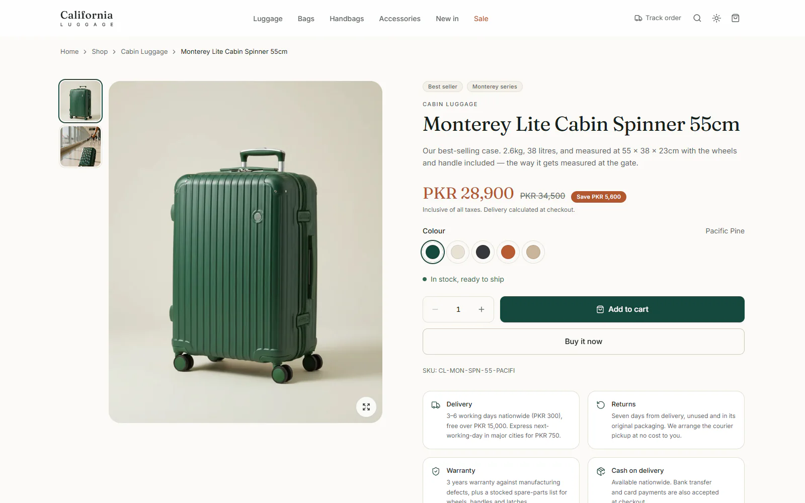 Product page for a green cabin spinner: gallery, price with a saving, colour swatches, add to cart, and delivery, returns and warranty notes