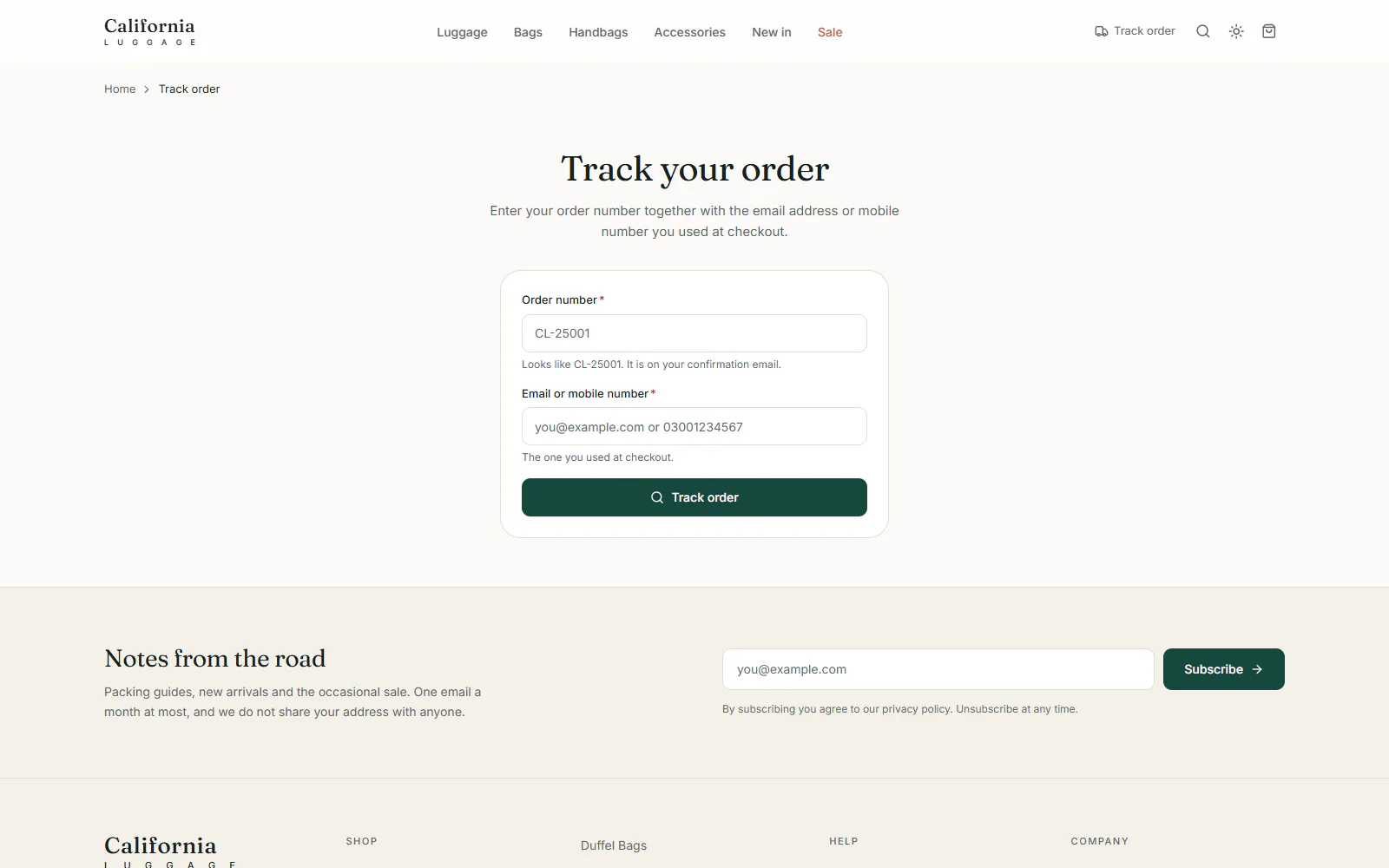 Track your order form asking for the order number and the email or mobile number used at checkout