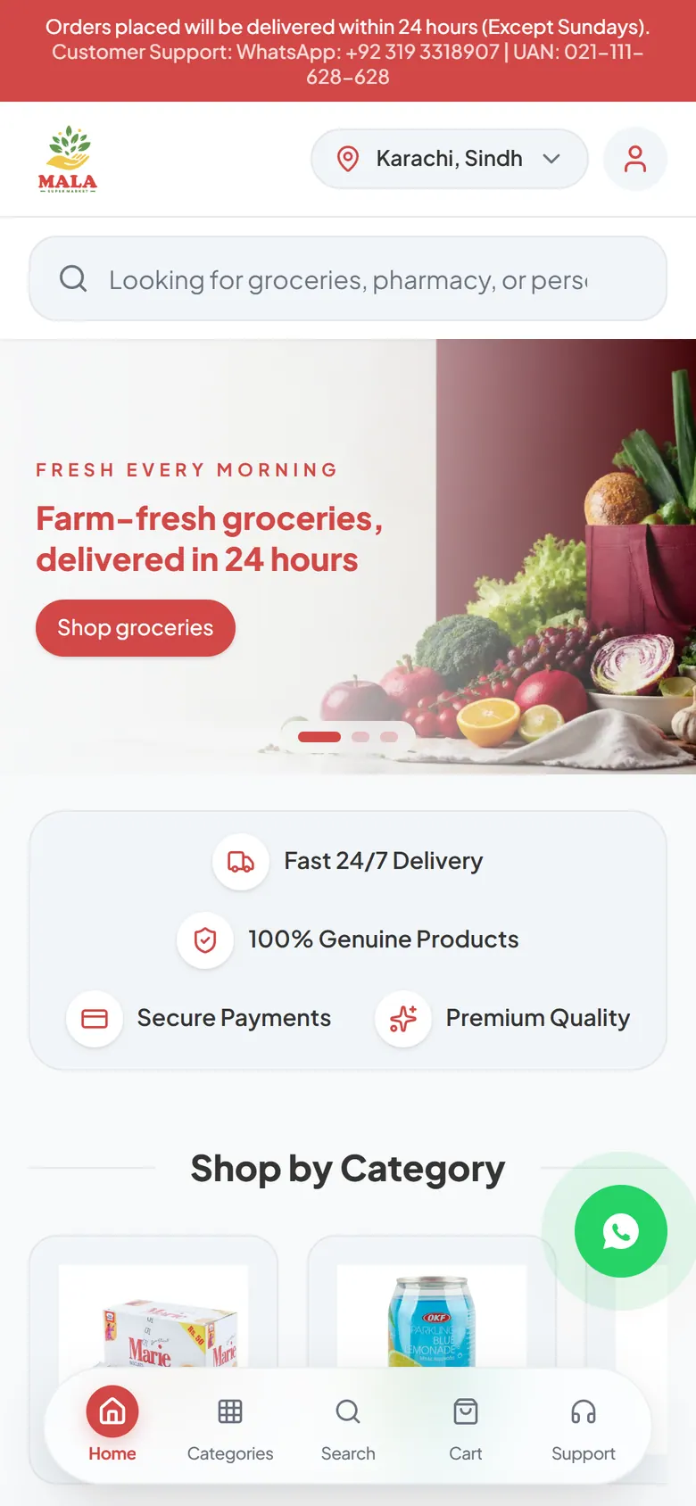 Mala Super Market on a phone with bottom navigation
