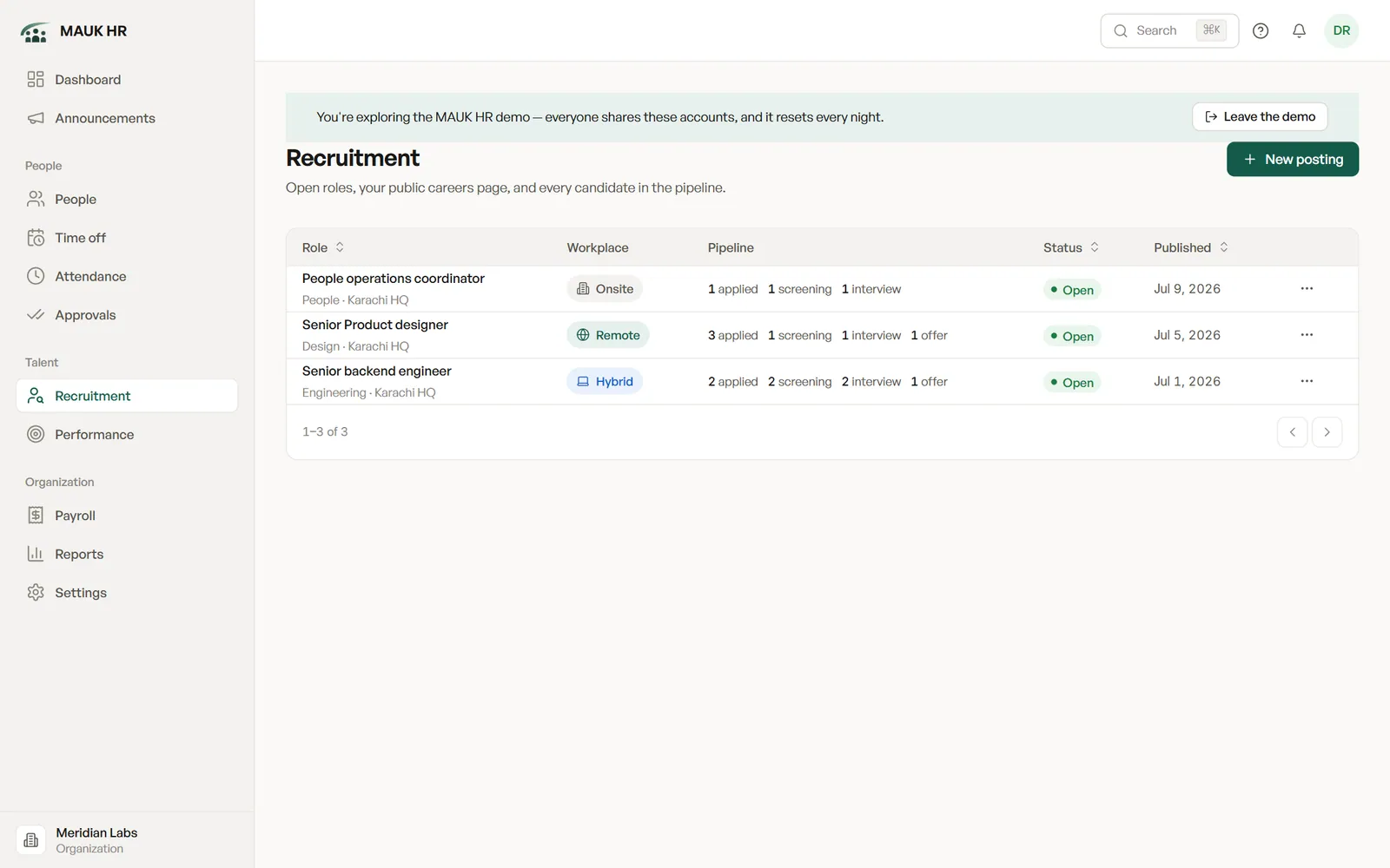 Recruitment pipeline with three open roles and candidate counts by stage
