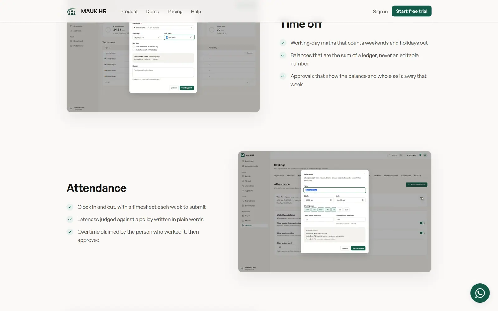 Marketing page sections describing time off and attendance
