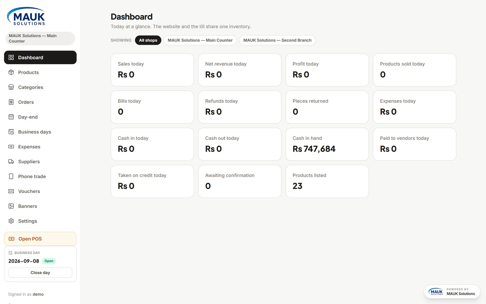 Admin dashboard with sales, refunds, cash in hand and business-day controls