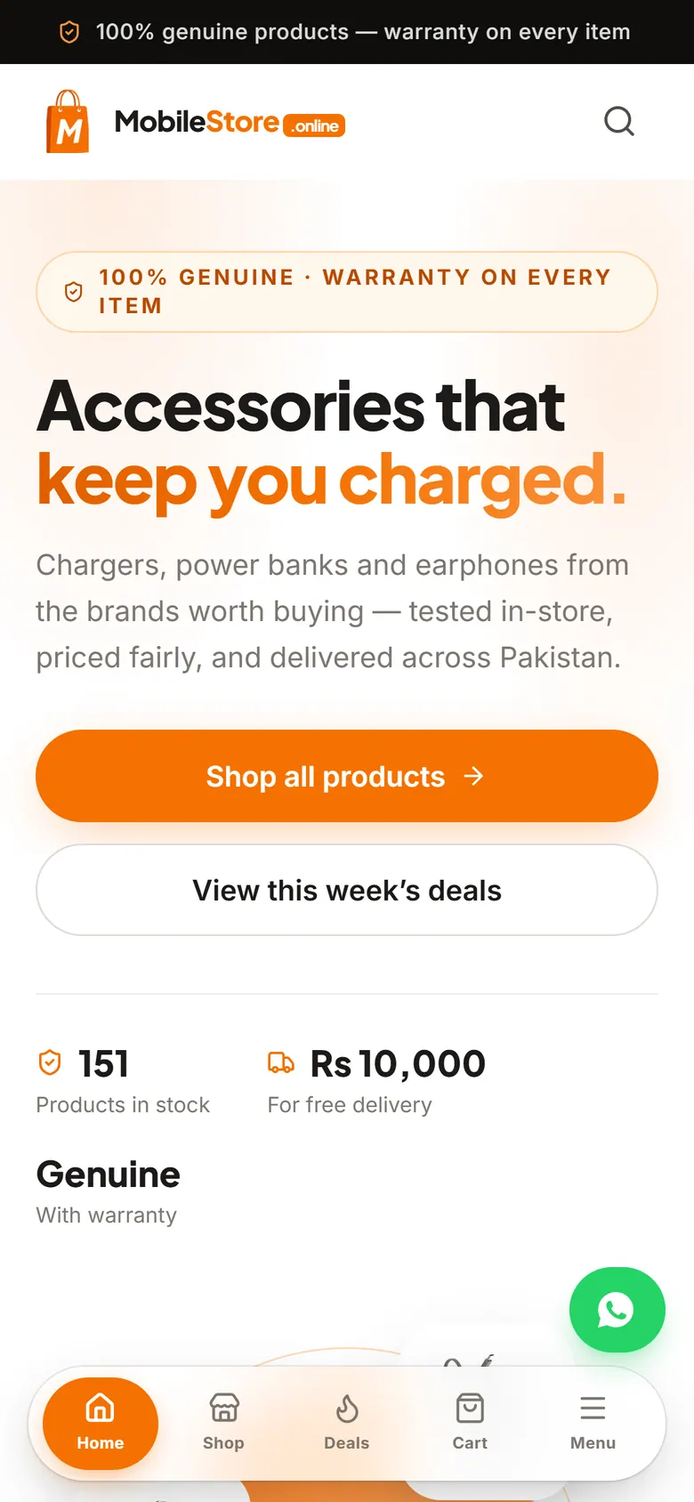 MobileStore storefront on a phone with bottom navigation