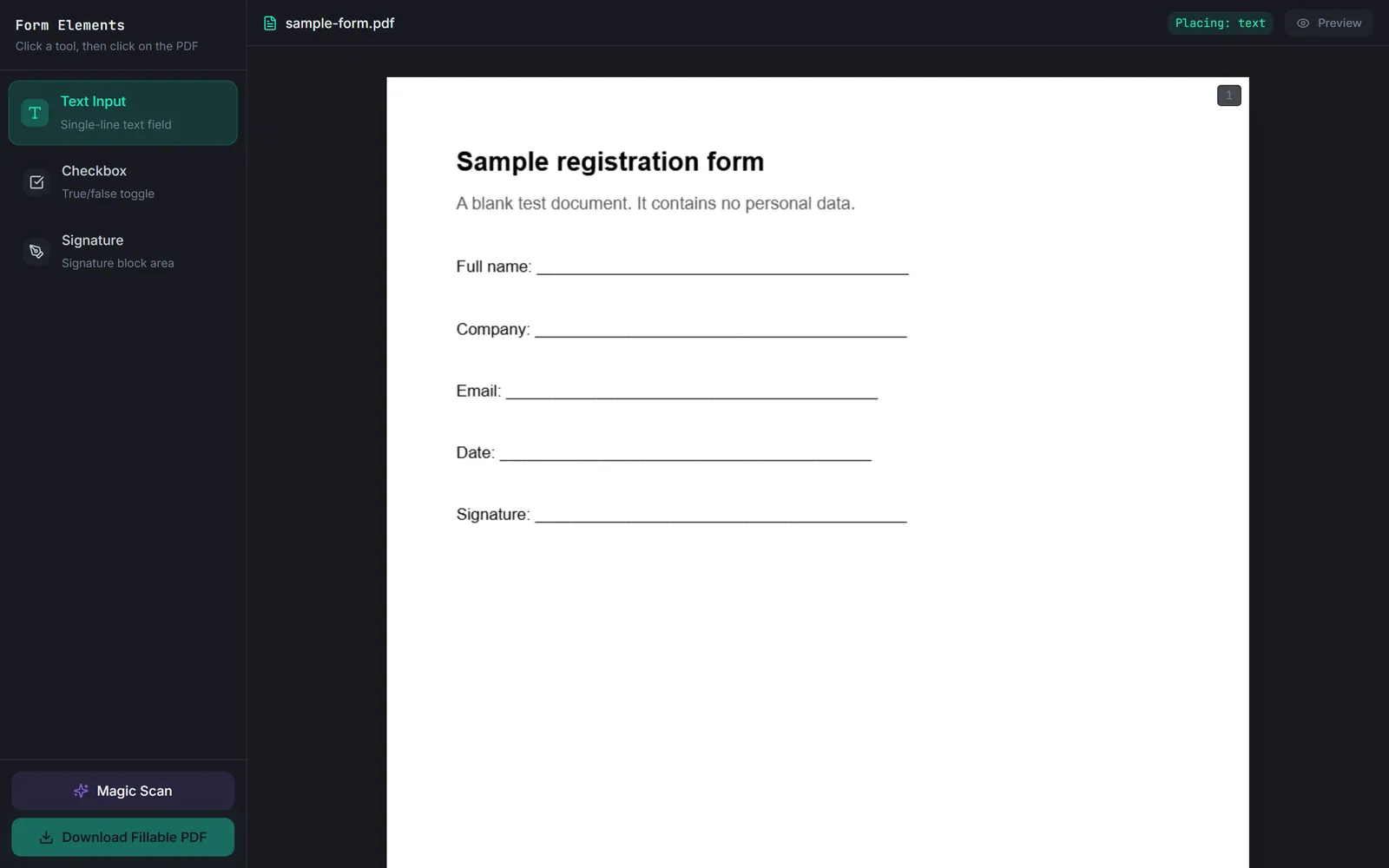 The editor with a blank sample form loaded and the text-input tool selected, beside checkbox and signature tools, Magic Scan and a download button