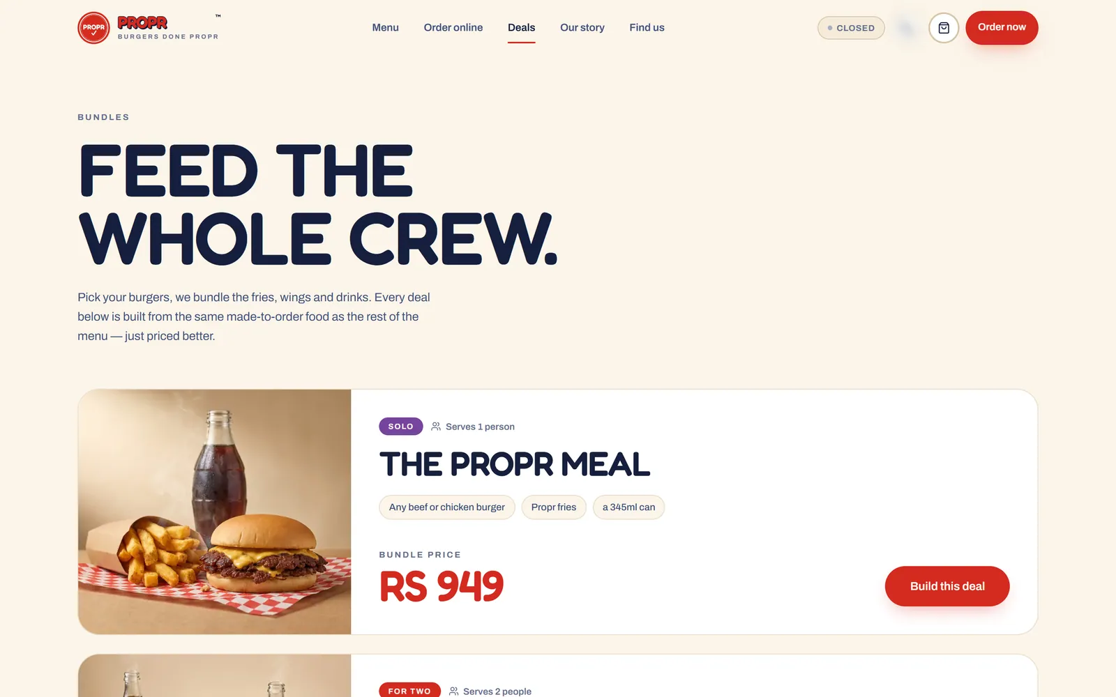 Deals page headed 'Feed the whole crew', with a meal bundle, its price and a build-this-deal button