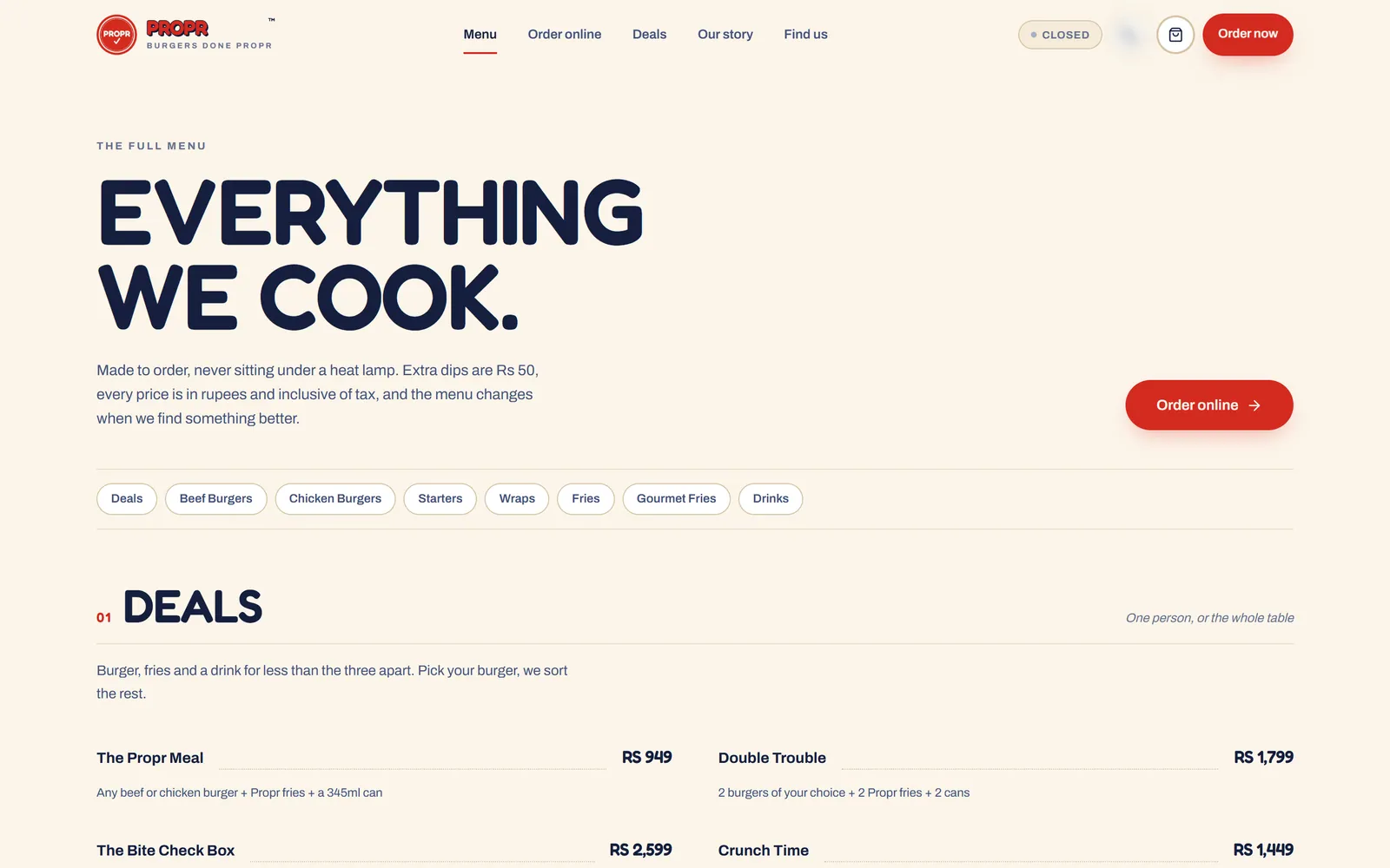 Full menu page with category chips and the deals section listed with prices