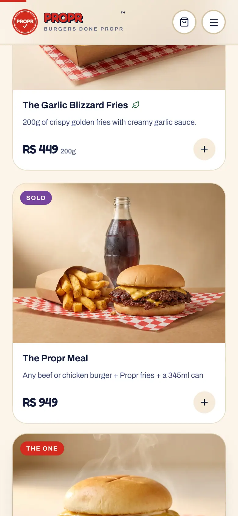 Menu cards with add-to-order buttons on a phone