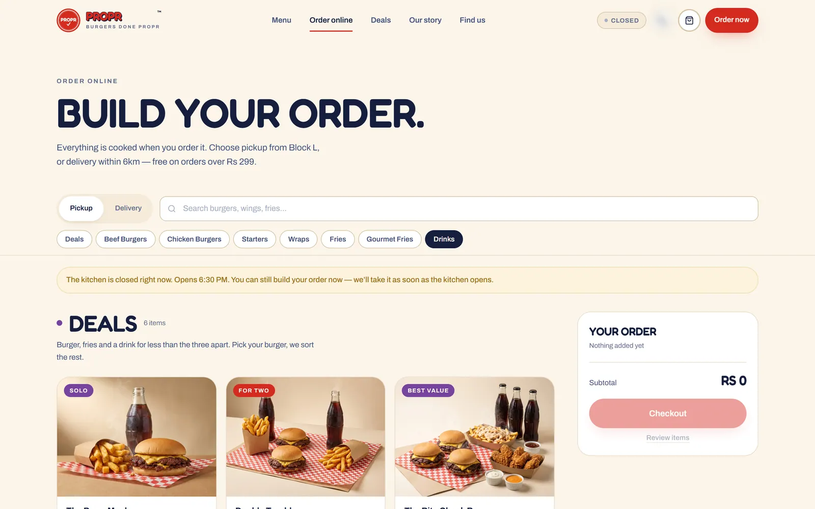 Order online page: pickup or delivery, menu search, category chips, deal cards and a live order summary