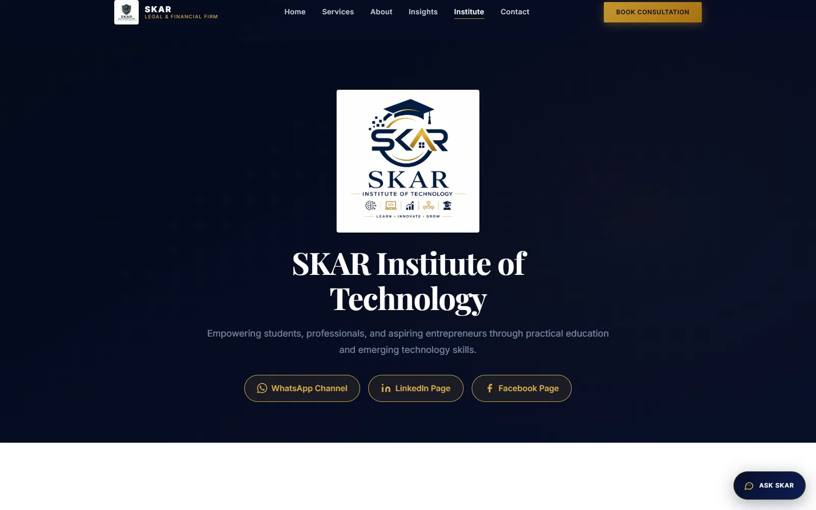 SKAR Institute of Technology page with its logo and community links