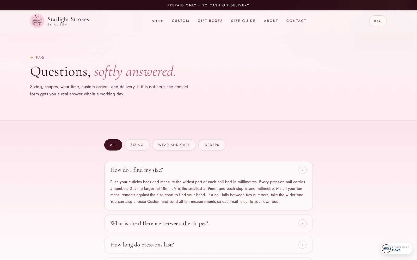 FAQ page with sizing, wear-and-care and orders filters above expandable questions