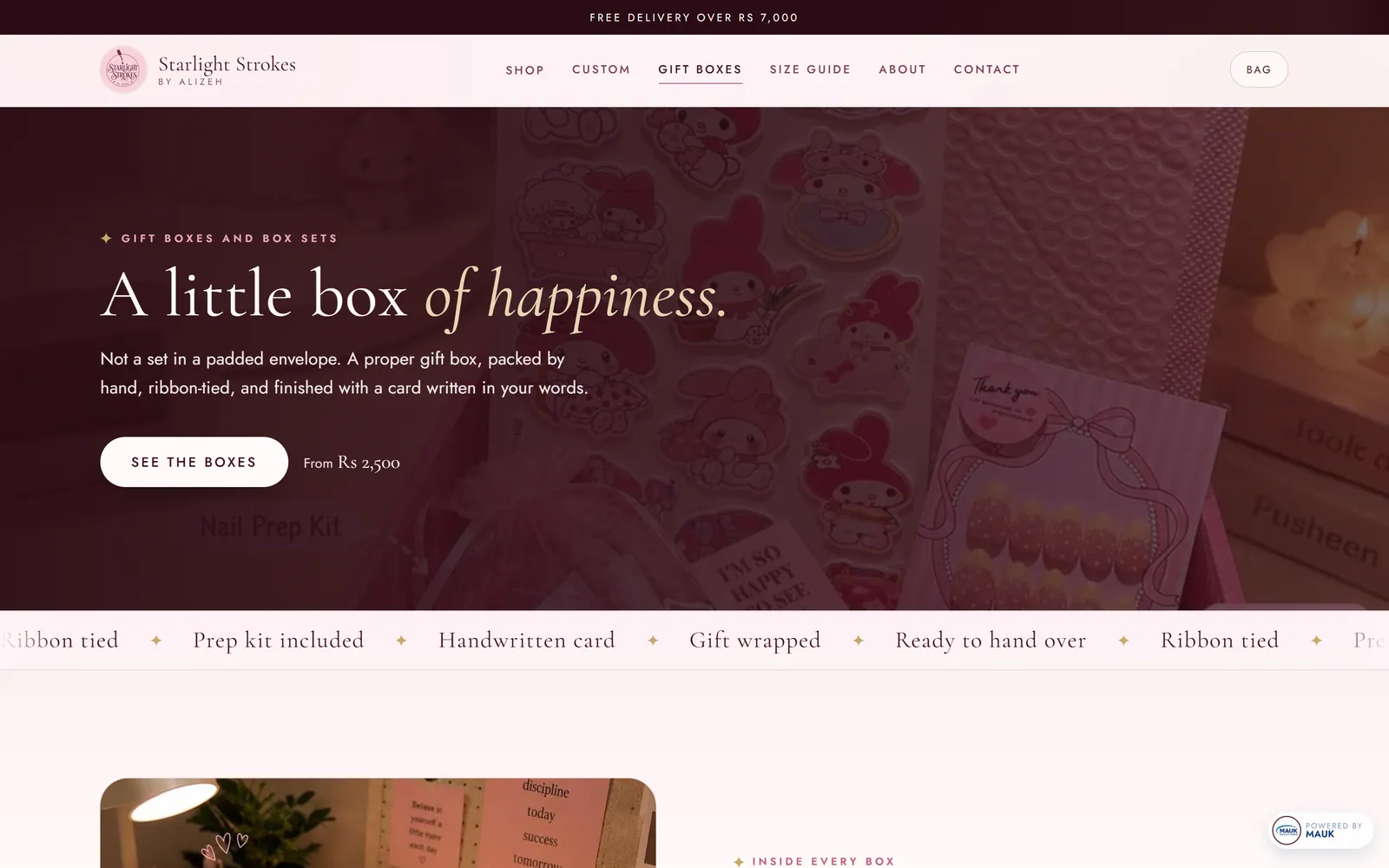 Gift boxes page headed 'A little box of happiness', from Rs 2,500