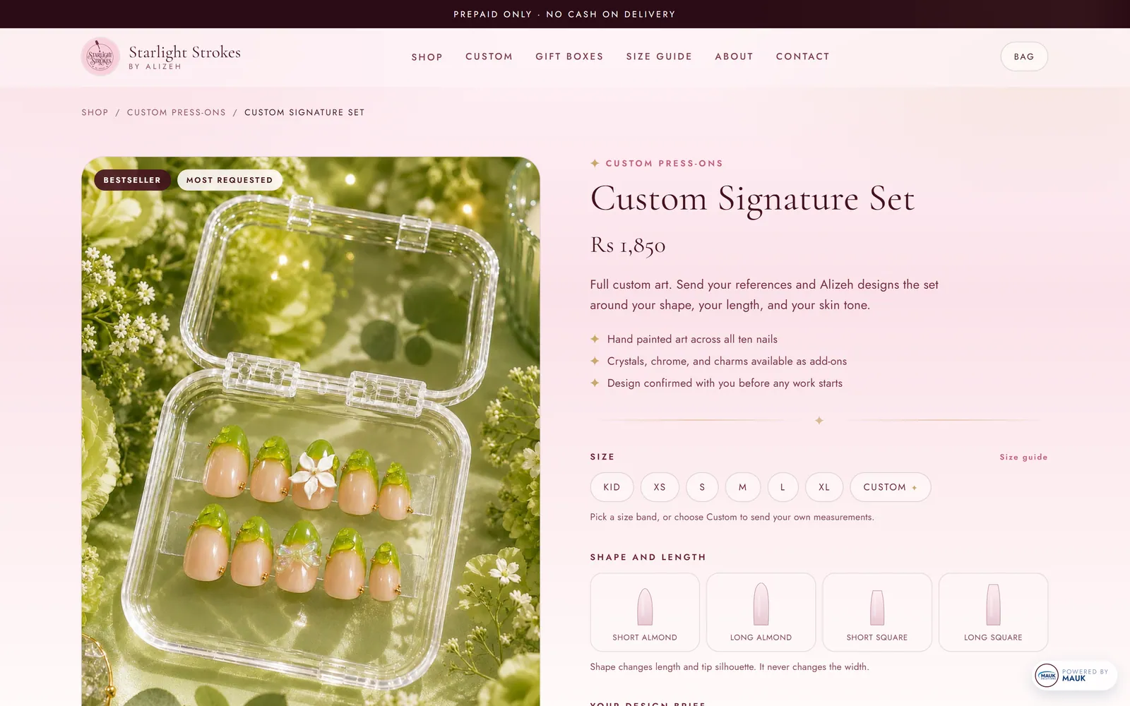 Product page for the Custom Signature Set, with size, shape and length pickers
