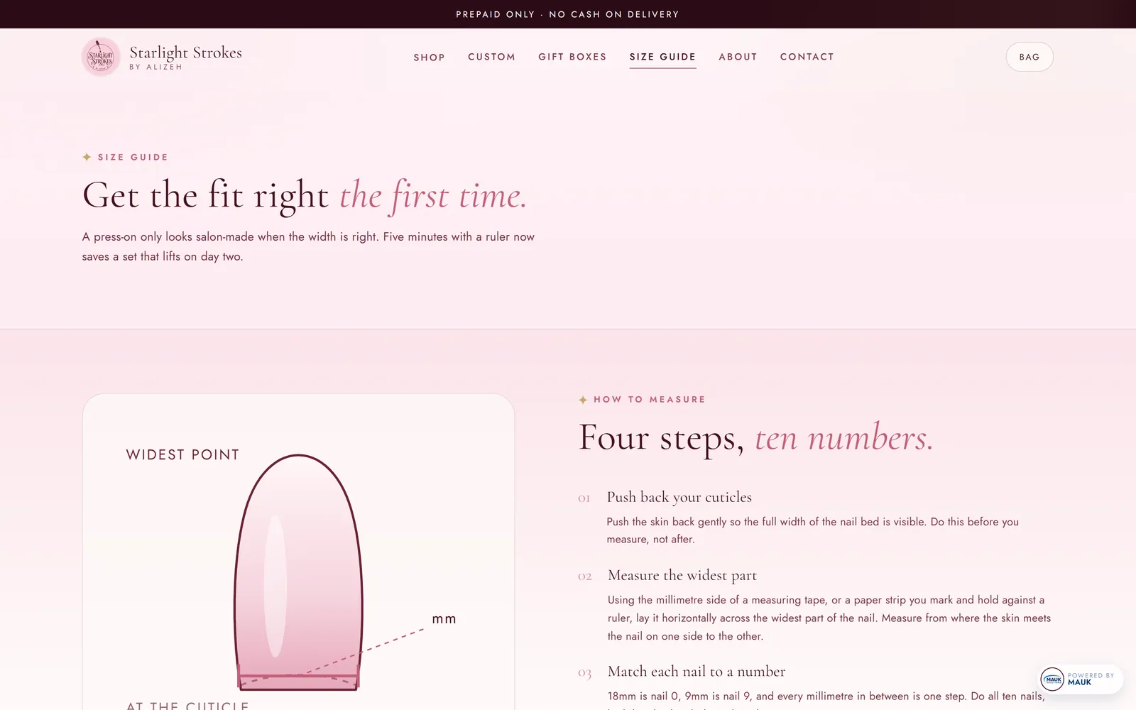 Size guide headed 'Get the fit right the first time', with a nail diagram and four measuring steps