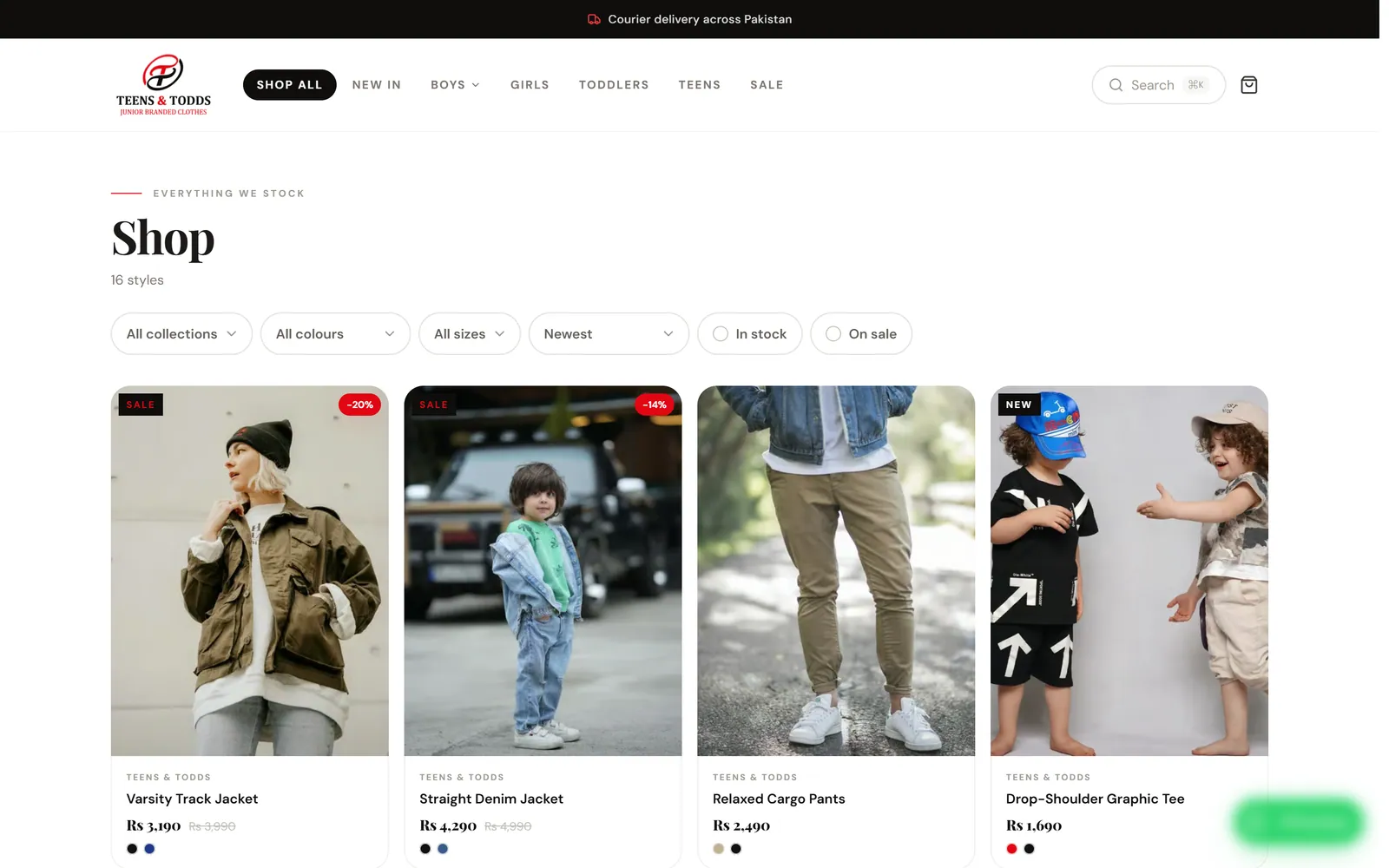 Shop page with collection, colour, size and sort filters above product cards